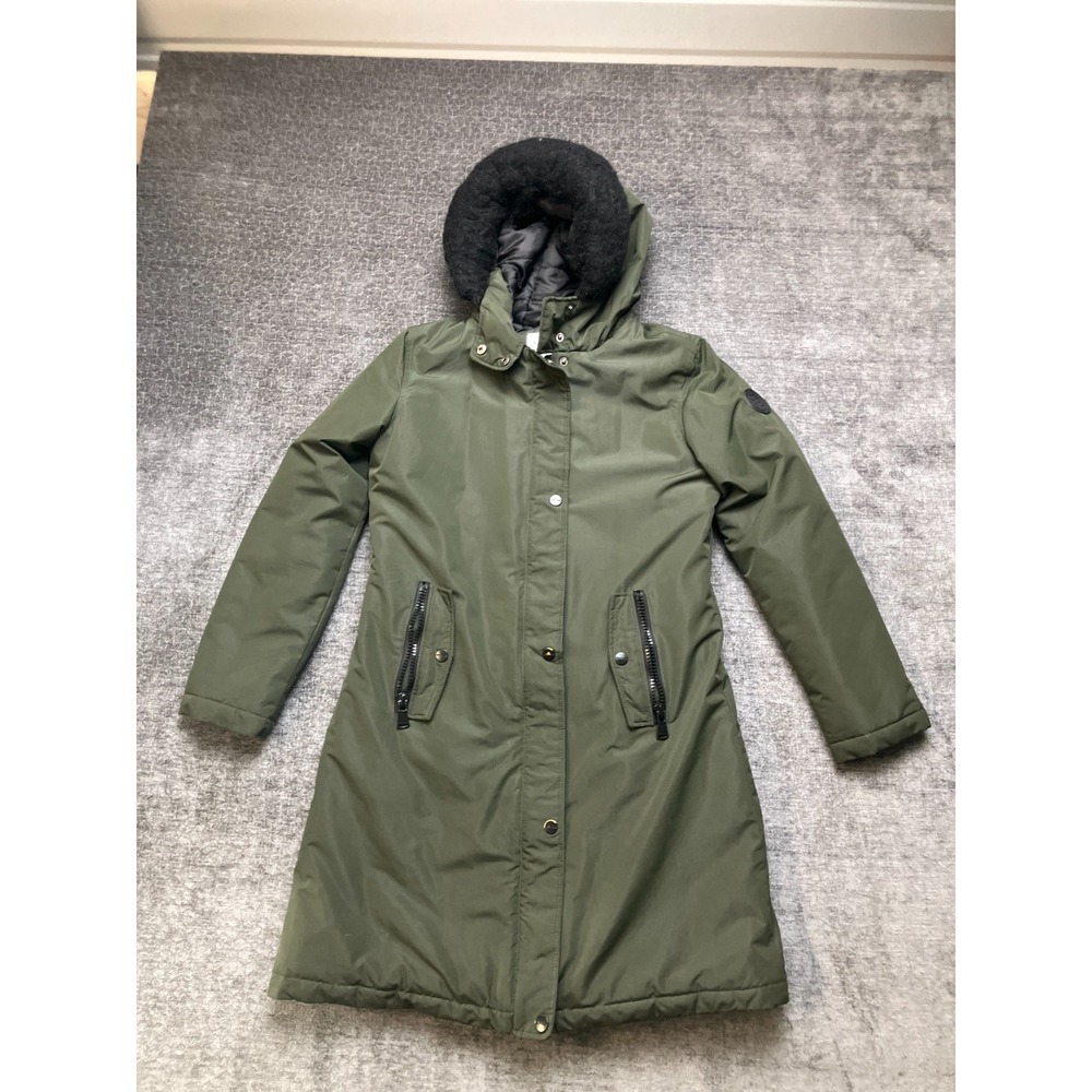 Perry Ellis Portfolio Parka Jacket‎ Womens S Green Faux Fur Hooded Snap Full Zip
